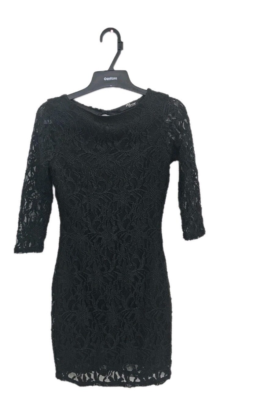 Jane Norman's black lace mini dress with 3/4 length sleeves, Small Crew Neck